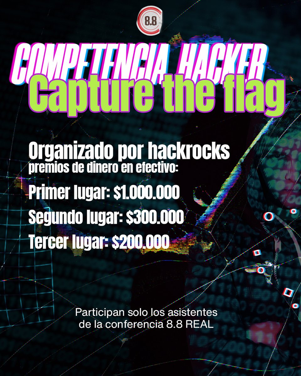 8dot8's tweet photo. ¿ALGUIEN HABLÓ DE UNA COMPETENCIA CTF? 👀
Gracias a nuestros amigos de @hackrocks todos los asistentes de 8.8 REAL que se inscriban en el CTF podrán participar por premios de hasta $1.000.000
¿Quieres participar? Inscríbete hasta el 21 AM con tu código Welcu.
#ciberseguridad https://t.co/ADSn6fgSWq