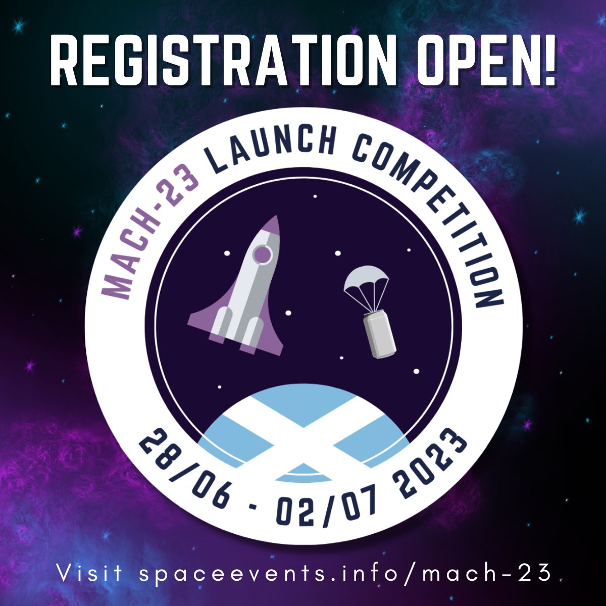 Registration for #Mach23 is open!

To secure your universities place in the UK's leading student combined CanSat &amp; Rocketry Competition, register at spacevents.info/mach-23 before 11/11/22🚀

#Student #Rocket #CanSat #Competition #Scotland <a href="/Exotopic_Ltd/">Exotopic</a> <a href="/machairbase/">MACC Business Park</a> <a href="/UKSEDS/">UKSEDS</a>