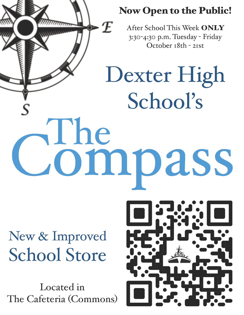 DexterSchools's tweet photo. This week only: The DHS student-run swag store is open to the public after school! Tuesday through Friday 3:30pm-4:30pm. Samples are on Instagram - use QR code to preview. Get your gear before the big game! #DreadStrong #BeatChelsea @TimmisChris @DreadStrong @KrickettKay13 https://t.co/CgzcyYaV5e