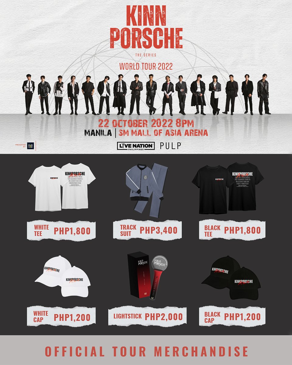 livenationph's tweet photo. ‼️The merch list for the #KinnPorscheTheSeriesWorldTour2022 in Manila is now up!
For hassle-free shopping on the event day, we have listed the available items and their price.

#KinnPorscheTheSeries 
#KinnPorscheInMNL https://t.co/BoyU5y6EqU