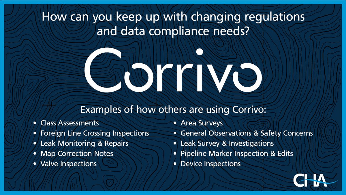 CHAsolutions_'s tweet photo. Use Corrivo to stay up to date with changing pipeline regulations and strengthen your inspections and maintenance data โ you can feel confident that you will be compliant.
Learn more: https://t.co/wTL18X1eBy
#theCHAway #Corrivo #GIS #changinghowwemap https://t.co/RAMOmGft8B