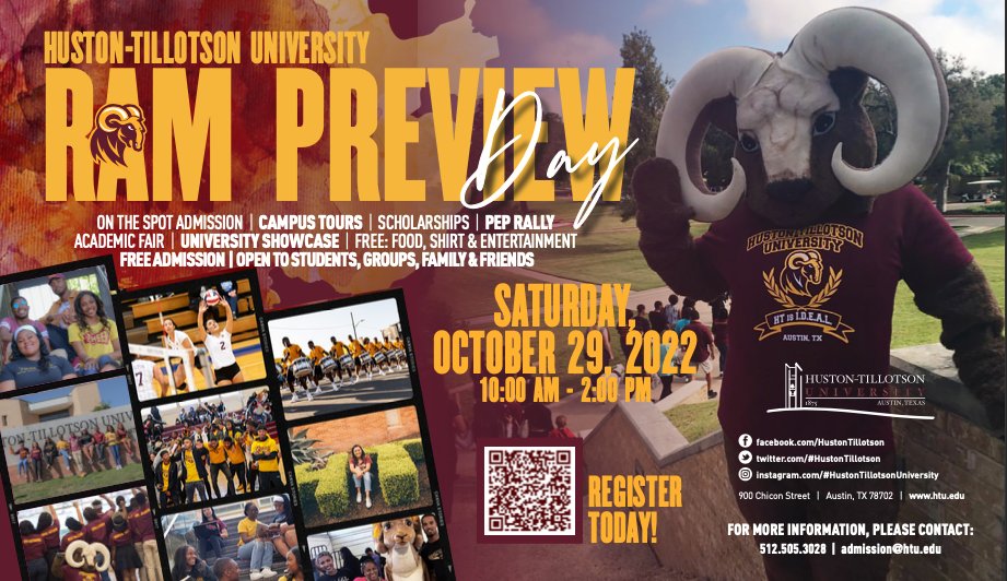 AustinISD_CCR's tweet photo. @AustinISD Seniors! Check out the @HustonTillotson Ram Preview Day on Saturday, October 29th from 10am to 2pm. Register using this link: https://t.co/iT9RaQLqhl. https://t.co/lzCpmYVGep