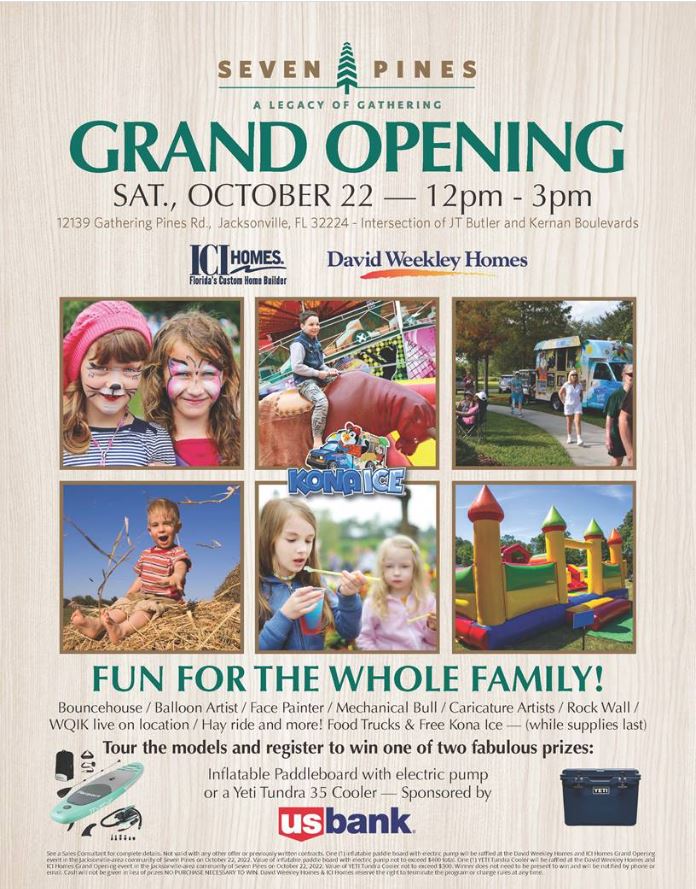 CharlieSellsJax's tweet photo. This Saturday (October 22) is the big day for #SevenPines! 🎉
Join @ICIHomes and @DavidWeekley for the grand opening celebration of the new master-planned community in #Jacksonville, #Florida. Enjoy fun for the whole family from noon to 3 p.m. https://t.co/l2YbsK1hjG