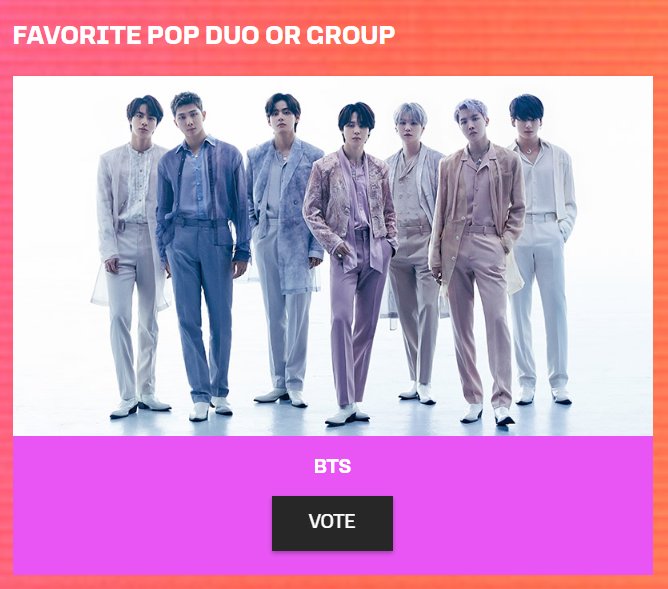 🚦| MASS VOTING FOR AMAs STARTS NOW Are you done voting on GMA Idolplus? If so, then start voting on AMAs now! 🗳️:billboard.com/amasvote/ [BTS (@BTS_twt + Favorite Pop Duo or Group + #AMAs )]