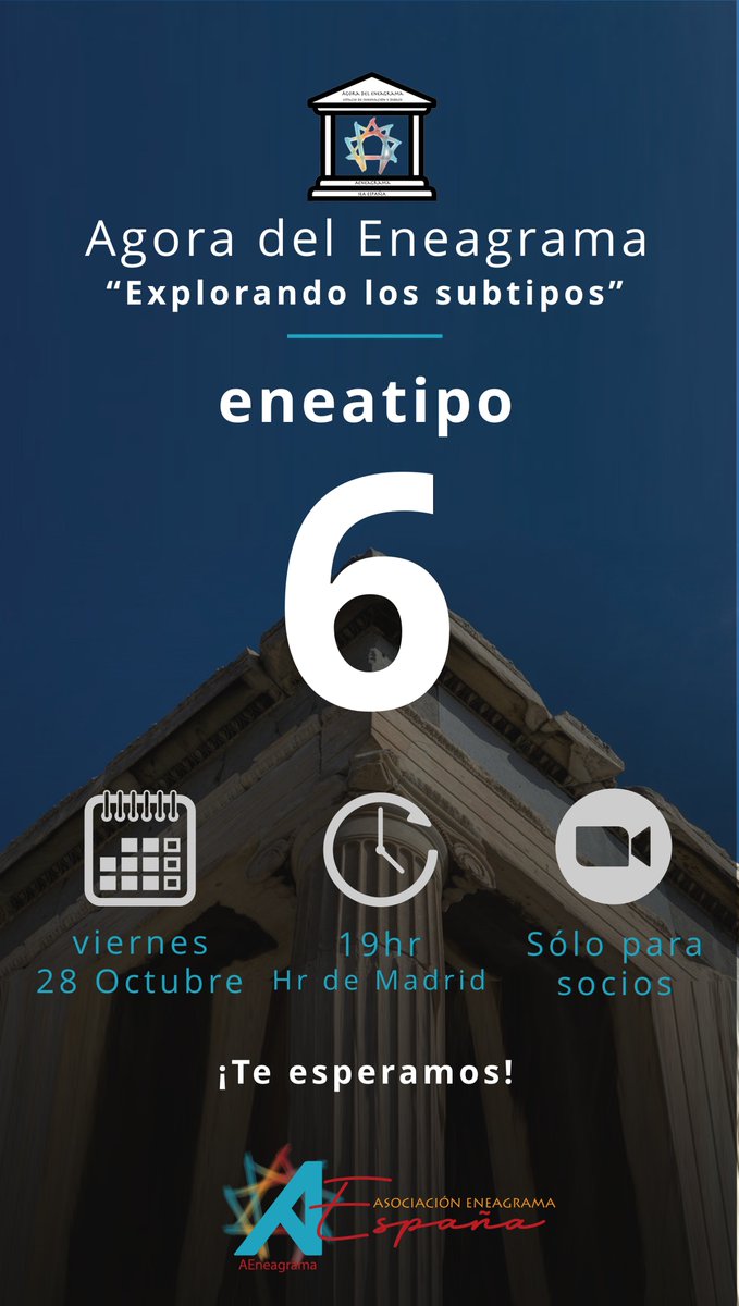 Te invitamos al próximo encuentro de Ágora reservado a asociados de AEneagrama.
¨Explorando los subtipos¨: los subtipos del eneatipo 6.
🗓 28/10/2022 - 19:00 (Zoom)
Te invitamos a que te asocies siguiendo el siguiente link: aeneagrama.es/inscripcion/
#eneagrama #autoconocimiento