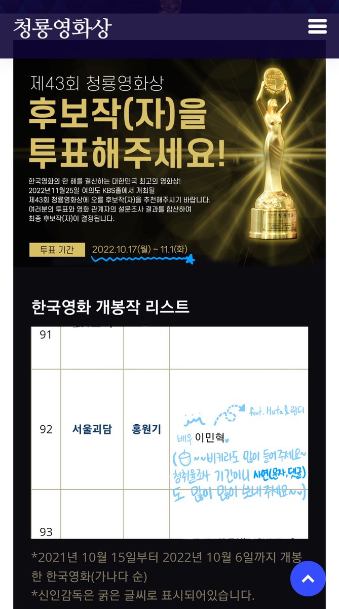 BTOBharmony's tweet photo. 멜로디! 우리 민혁이가 청룡영화상 후보자에 올랐습니다!🐿💙(~11/01 화까지)

아래 링크 접속하셔서
남우주연상, 남우조연상, 신인남우상, 인기스타상 부문 총 4개 ✨️서울괴담>이민혁✨️ 으로 투표 해주세요!
회원가입 없이 바로 참여 가능하니 많참부임다💙

투표 링크👇
https://t.co/syAexHMfbv https://t.co/nGZf1LuGy1