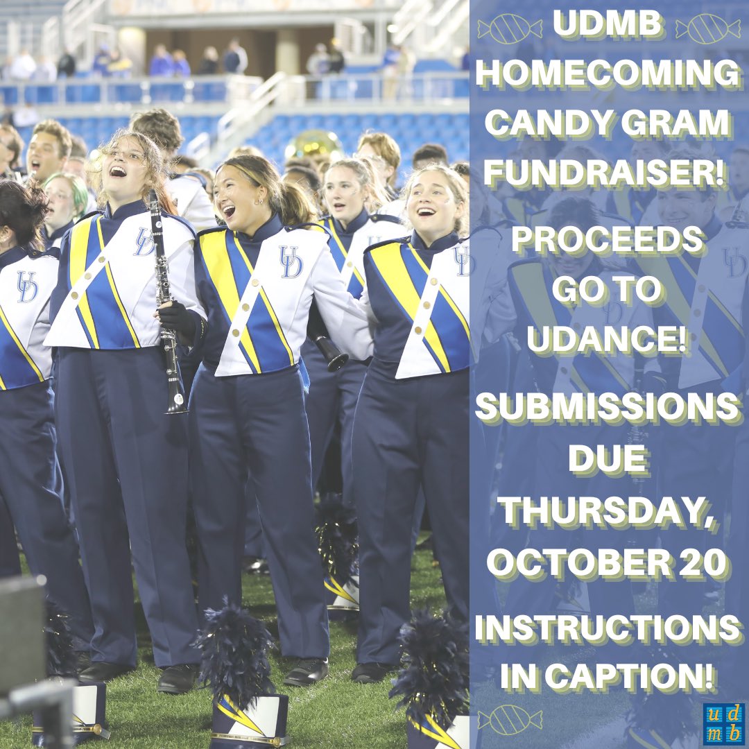 The UDMB is excited to announce that candy grams are open to the public this year! Interested in sending a sweet message to a Fightin' Blue Hen? Click the link below and follow the instructions!

docs.google.com/forms/d/1Jmsib…