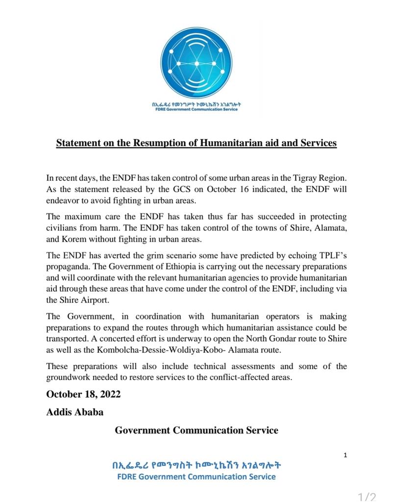 Government statement on the resumption of humanitarian aid and services in Tigray Regional State.