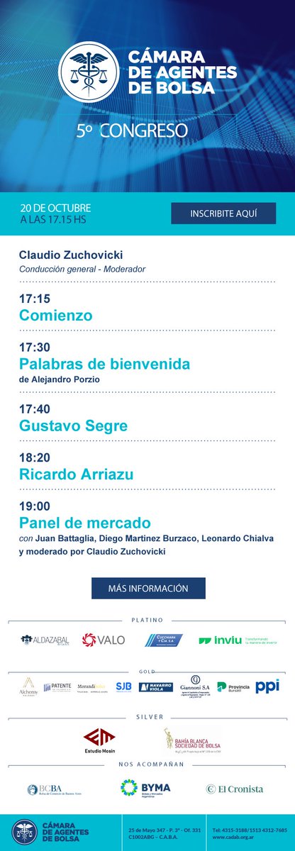 AgentesDeBolsa's tweet photo. 5to Congreso de la Cámara de Agentes de Bolsa ‼️
Inscripciones en: https://t.co/tj9q95D4IP

📆20 de Octubre, 17:15 hs 
Los esperamos! https://t.co/QyDExGxd0G