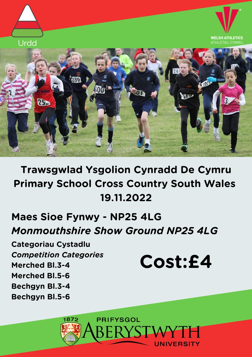 Mae'r Urdd yn partneri gydag Athletau Cymru i gynnal trawsgwlad ysgolion cynradd yn Sir Fynwy. Cystadleuaeth agored i bawb, Cofrestrwch Nawr! 🗓️19.11.22 bit.ly/TrawsgwladMynwy The Urdd's South Wales Primary School Cross Country in Partnership with Welsh Athletics. Register Now!