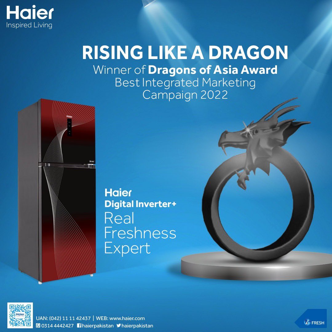 HaierPakistan's tweet image. Haier has raised the bar once again! At Dragons of Asia Awards 2022, Haier has bagged the Black Dragon award for the Haier Digital Inverter+ Refrigerator in the category for best integrated marketing campaign.

#Haier #DragonsOfAsia #HaierRefrigerator #DragonsOfAsia2022