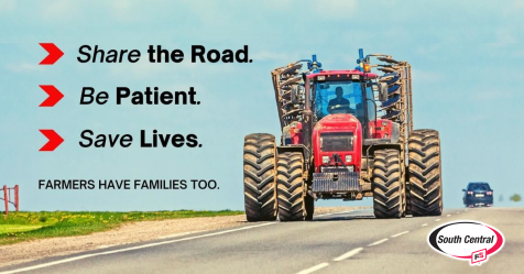 It's that time of year, where you might get caught behind equipment or have to driving around it. PLEASE be careful and take your time. It is dangerous for everyone when we don't slow down. #SharetheRoad