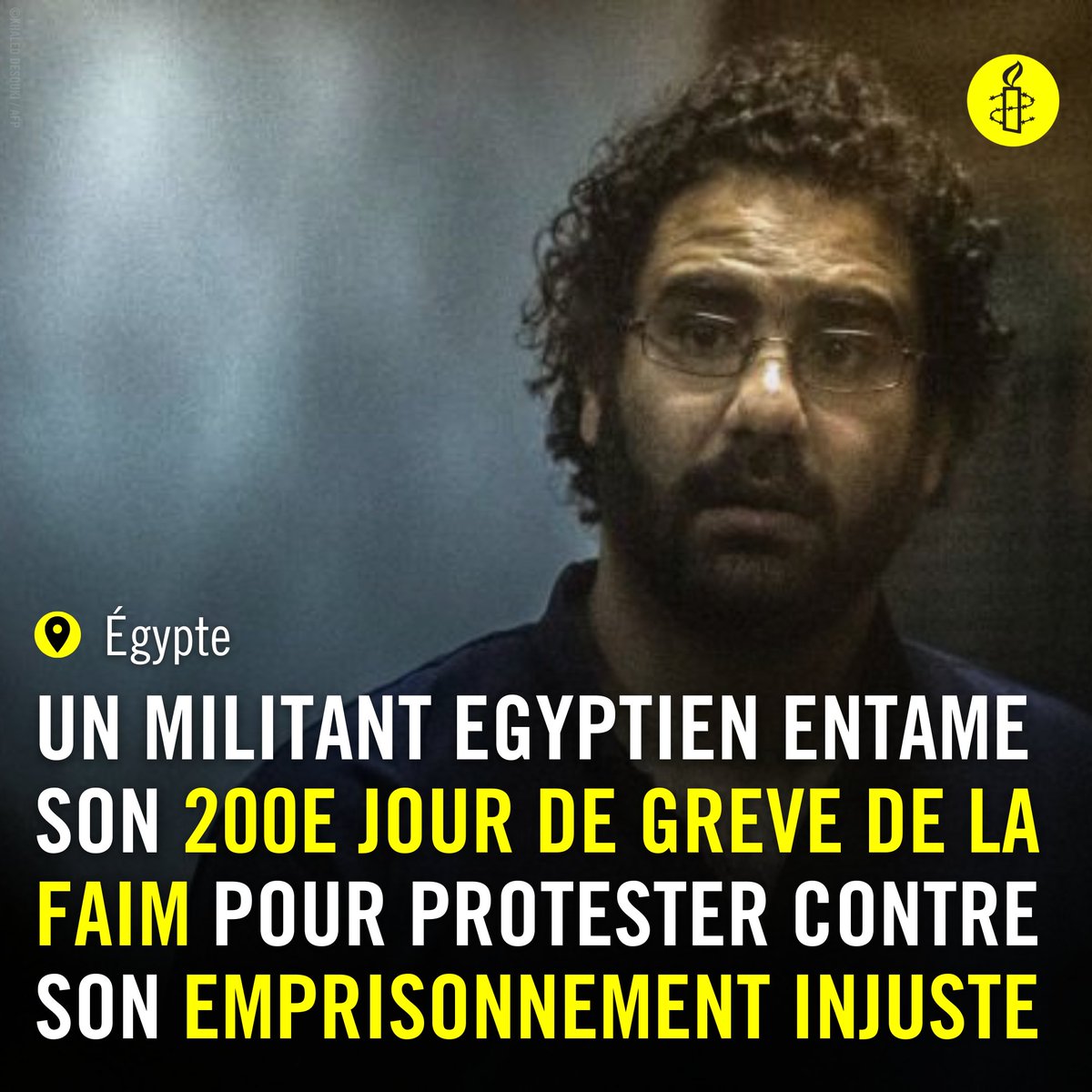 Le militant égyptien Alaa Abdel Fattah, est en grève de la faim depuis le 2 avril pour protester contre son emprisonnement injuste et ses dures conditions de détention, ainsi que contre le refus des visites.

#FreeAlaaAbdelFattah