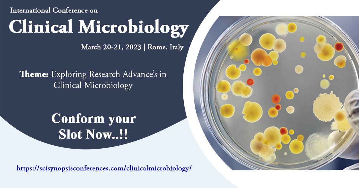 sylviamaddison8's tweet photo. Conform your slot for #international conference on #clinical #microbiology  which is going to be held in March 20-21, 2023  #Rome, #Italy
More info:
https://t.co/MjIyTc1ymH
#Rareinfectiousdiseases, #Dentalinfection, #STD, #Cancer, #Pathogenesis https://t.co/QwgKfeRYFn