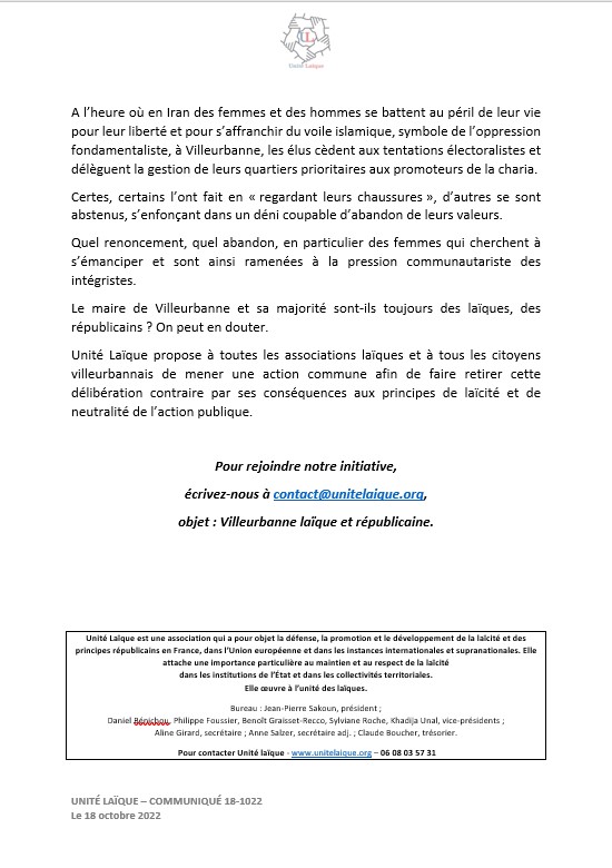 unitelaique's tweet photo. COMMUNIQUE D'UNITE LAÏQUE : Les élus villeurbannais versent de l’argent public aux adversaires de la République.

Rejoignez notre initiative de riposte,
à contact@unitelaique.org
objet : Villeurbanne laïque et républicaine.

#Emancipation #Islamogauchisme #Communautarisme https://t.co/hQE7uKKtuE