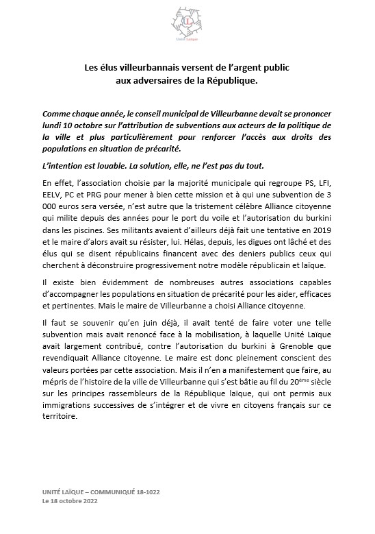 unitelaique's tweet photo. COMMUNIQUE D'UNITE LAÏQUE : Les élus villeurbannais versent de l’argent public aux adversaires de la République.

Rejoignez notre initiative de riposte,
à contact@unitelaique.org
objet : Villeurbanne laïque et républicaine.

#Emancipation #Islamogauchisme #Communautarisme https://t.co/hQE7uKKtuE