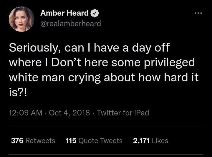 FemCondition's tweet photo. Reminder Amber Heard tweeted this. 
Amber Heard, who relied on a privileged white man for status and lifestyle, another to pay donations she didn't, and a third to botch the judgement in the UK. 
Yet she's contemptuous. Sure, she's not abusive. Clearly a peach. https://t.co/pUkgxXmHwj