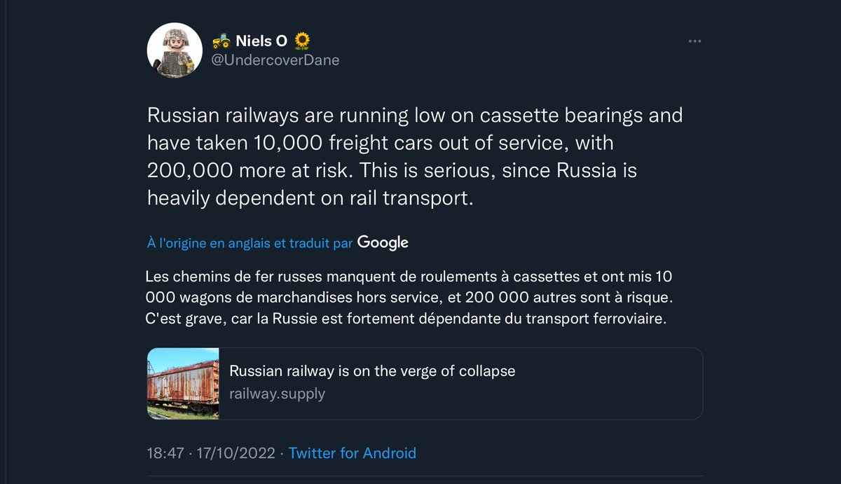BB27000's tweet photo. 1/ Les sanctions contre la Russie cause un problème assez impressionnant.

Les wagons Russes (comme tous les wagons du monde) sont équipés de Roulements à Billes. https://t.co/0fjMLg3KgS