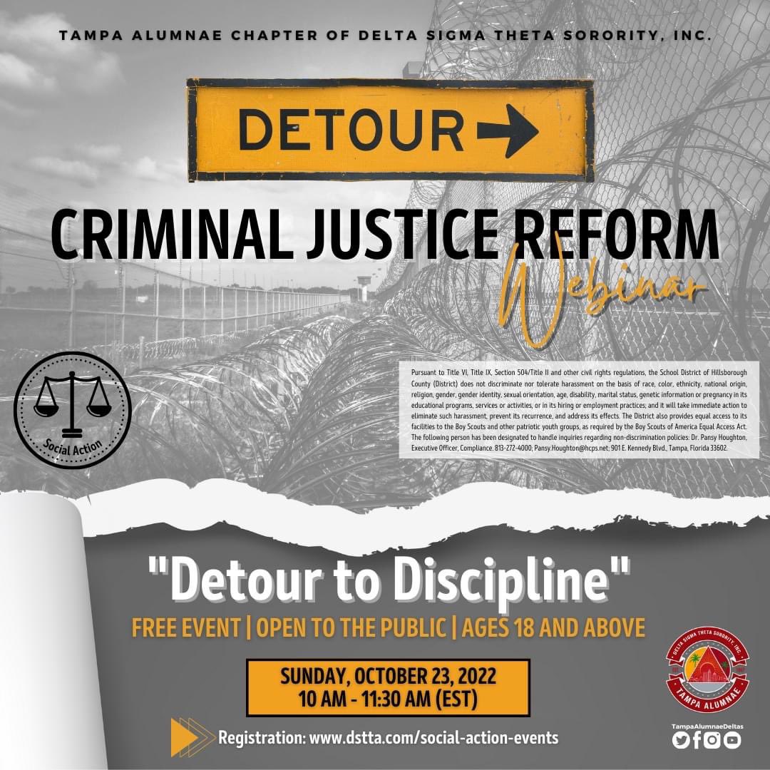 Join us this Sunday, Oct 23rd for our Criminal Justice Reform "Detour to Discipline" webinar.  We will discuss youth and criminal justice. Officials from <a href="/HillsboroughSch/">Hillsborough Schools</a> will discuss school safety measures, legislation, student discipline and engagement.  #DSTTA