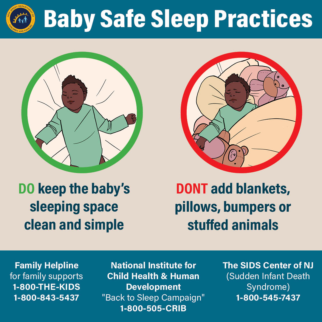 NJDCF's tweet photo. It's Celebrate Babies Week and #TeamDCF is reminding parents, and anyone who cares for babies, about safe sleep!
Remember the "Honey Do List" of sleep safety:
✅Do place babies on their back
✅Do give them their own sleep space
✅Do remove blankets, pillows and toys https://t.co/sgqUu2lMNS