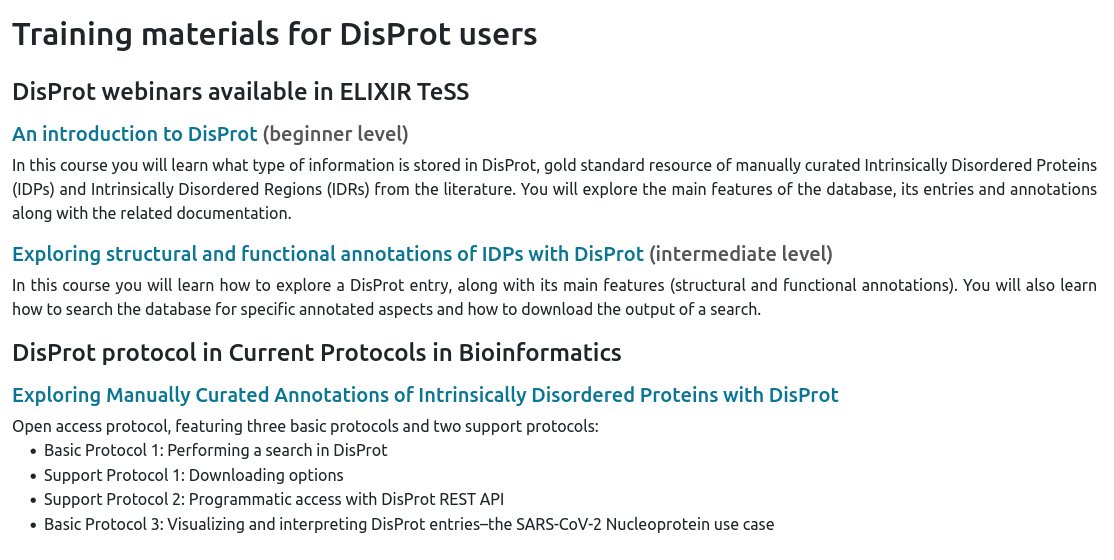 🆕DisProt training materials for users:
➡️webinars available in <a href="/ElixirTess/">ELIXIR TeSS</a>
 (beginner and intermediate levels)
➡️protocol published in <a href="/Curr_Protocols/">Current Protocols</a>

Find out more here:
DisProt Help page: disprot.org/help
blog post: biocomputingup.github.io/2022/10/17/dis…