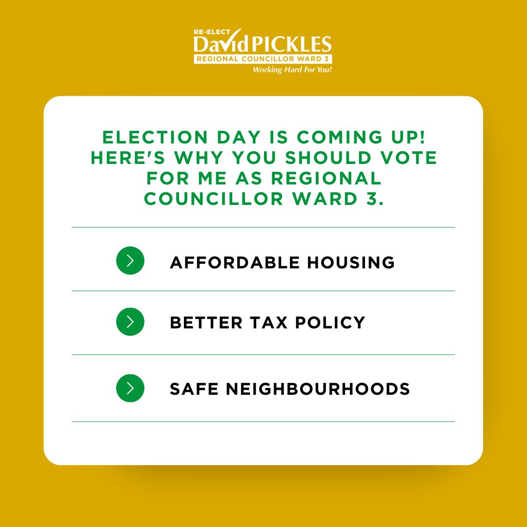 VotePickles's tweet photo. Election Day is coming up! Here's why you should vote for me as Regional Councillor Ward 3.

✅ Affordable housing where taxes are fair and well managed for all homeowners
✅ Safe neighbourhoods and increased recreational amenities for families and seniors https://t.co/TC7LlrfIgD