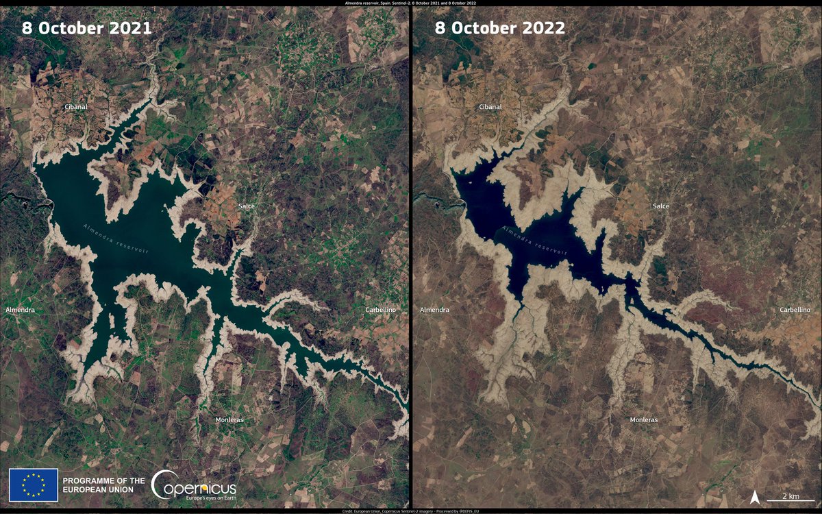 eforestal's tweet photo. Hoy en su imagen del día de 🇪🇺@CopernicusEU se hace eco de la sequía que padecemos en 🇪🇦España.
En imagen el embalse de La Almendra, Zamora, 2021-2022.
Los embalses españoles en su peor situación en 27 años.
ℹ️https://t.co/RI1OTxoNlz https://t.co/1qOaZbuZTe