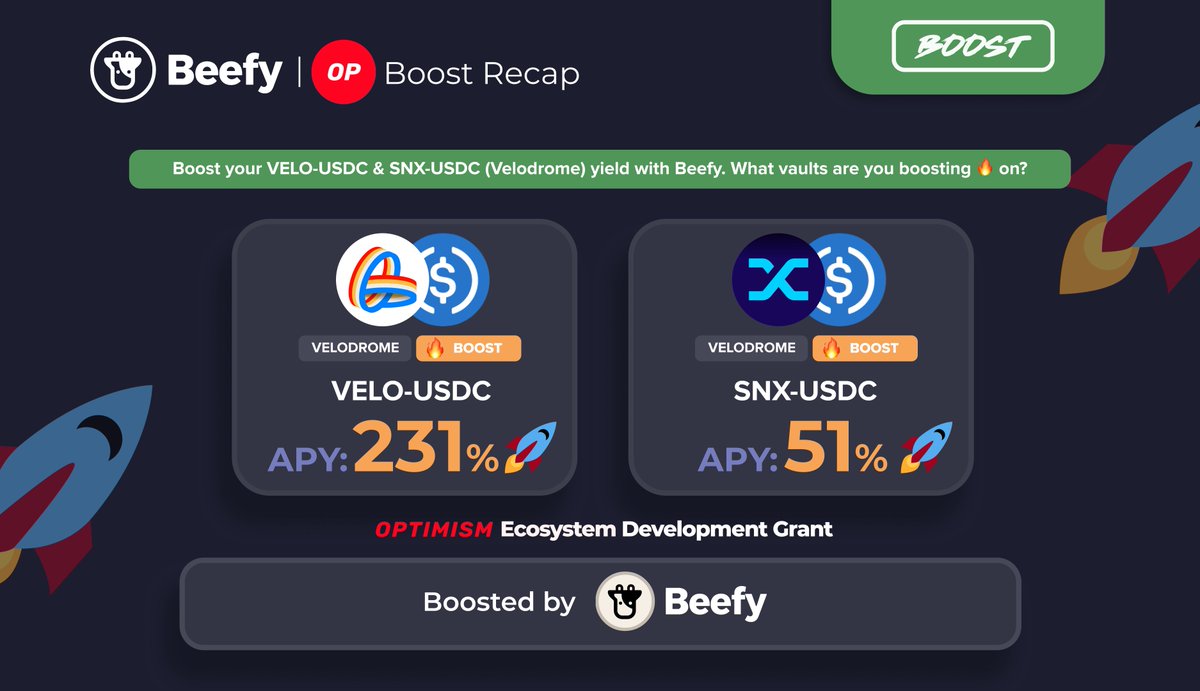 beefyfinance's tweet photo. Yo Nerds, you better be boosting. 

🔥 $VELO - $USDC: 231% Boosted APY 
👉 https://t.co/NTzIq3LaYX

🔥 $SNX - $USDC: 51% Boosted APY
👉 https://t.co/ZVyTjYMtlU

#BeefyBoost pumps APY &amp; rewards free bonus $OP tokens.

@optimismFDN @synthetix @VelodromeFi https://t.co/DWnNRpYQ5a