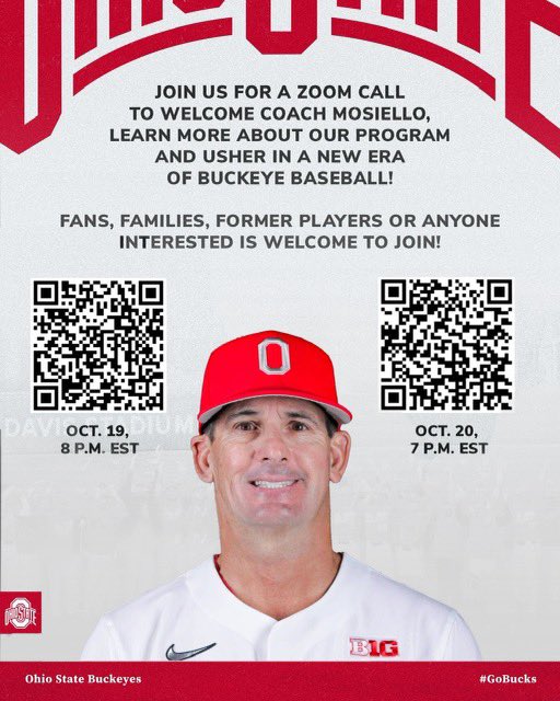 There’s still time to register for this week’s Zoom calls to help us usher in the new era of Buckeye baseball‼️ Use the QR codes or links below to register‼️ OCT. 19: go.osu.edu/base-zoom-oct19 OCT. 20: go.osu.edu/base-zoom-oct20 #GoBucks