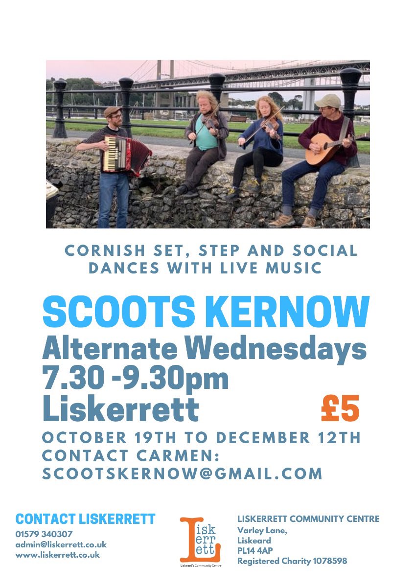 ScootsKernow's tweet photo. We’re back at the Liskerrett Community Centre on Wednesday evening for our fortnightly Cornish dance workshops.
Join us for some foot-stompin’ Cornish dance fun with LIVE music 💃🕺🏾🎻🎶
.
.
.
#cornishdance #cornishmusic #strictlycomecornishdancing https://t.co/g9wjN4QMP6