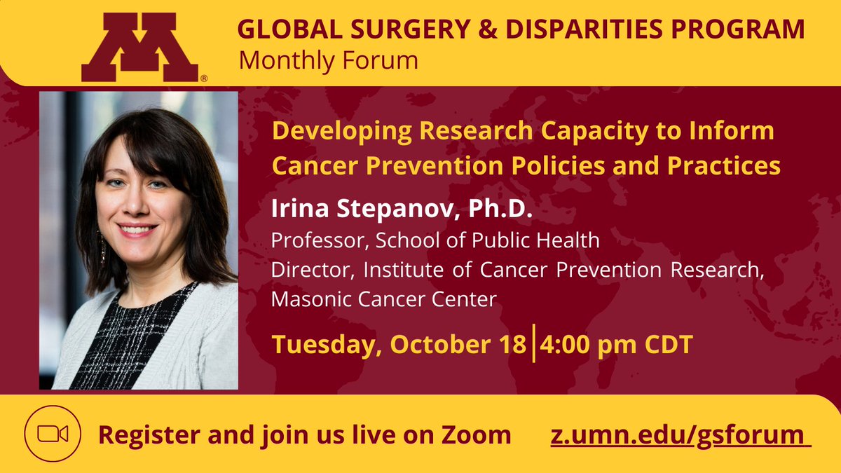 Join us this afternoon for our #globalsurgery Monthly Forum with Dr. Irina Stepanov. All are welcome! Register at z.umn.edu/gsforum #globalhealth @UMNSurgery @umnmedschool @UMNCancer