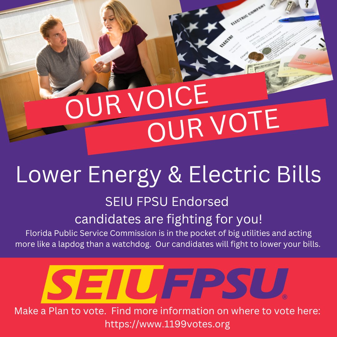 SEIU FPSU (@seiu_fpsu) on Twitter photo Floridians have some of the highest electricity bills in the nation. Florida Public Service commission is in the pocket of big utilities and acting more like a lapdog than a watchdog.  Our endorsed candidates will not allow this to continue.  They will fight to lower your bills. Floridians have some of the highest electricity bills in the nation. Florida Public Service commission is in the pocket of big utilities and acting more like a lapdog than a watchdog.  Our endorsed candidates will not allow this to continue.  They will fight to lower your bills.