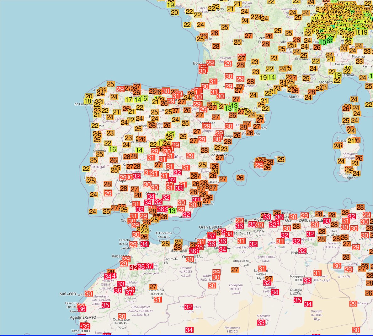 Chaleur exceptionnelle pour un 18 octobre du #Maroc à l'Europe avec 40/42°C localement au Maroc, 35.8°C à Loja en #Espagne, 35.1°C à Grenade (records mensuels). 
En France, jusqu'à 33.8°C à Orthez ou Navarrenx dans les #PyrénéesAtlantiques. Carte Ogimet 