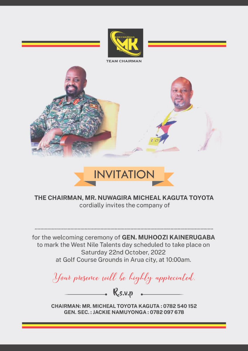 Mkproject2026's tweet photo. Come one, Come all.
Your presence will be highly appreciated. 
Let's promote talents for Arua Youth 
Don't miss 22nd October 2022.
All roads will be leading to Arua. https://t.co/zaKj0TLdnL