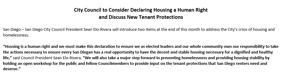 🧵City Council President @SeanEloRivera just announced that @SDCityCouncil will vote Oct. 31 on a resolution declaring housing a human right and also hold a workshop to discuss new tenant protections.