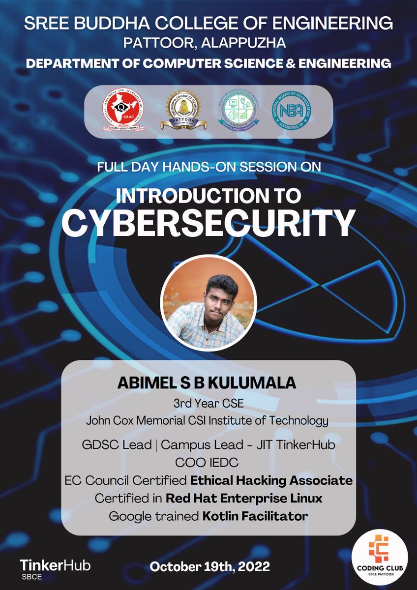 abimelsbk's tweet photo. I am very much excited to meet the students of Sree Buddha College of Engineering, Pattor, Alappuzha.

#cybersecurity #CybersecurityAwarenessMonth #workshop #cyberdome #CyberSecurityAwareness #TinkerHub https://t.co/c93pR7OZYN