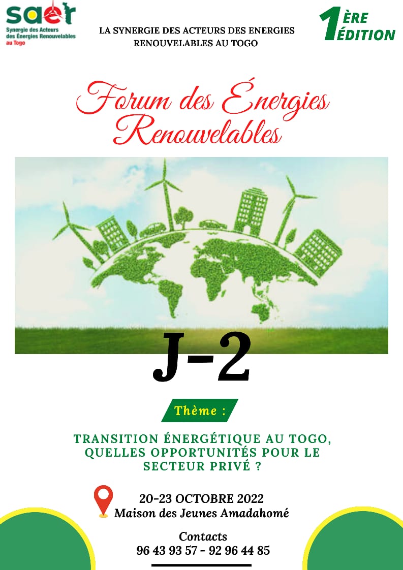 saertogo's tweet photo. J-2️⃣ pour la première édition du forum des Energies Renouvelables organisé par la Synergie des Acteurs des Energies Renouvelables au Togo / SAER-Togo ...

#energierenouvelable #justiceclimatique #transitionenergetique https://t.co/tySEku9dPV
