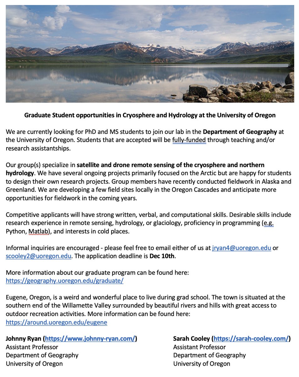 We are recruiting graduate students to join our growing research group in <a href="/uogeog/">University of Oregon Geography</a>! @johnny_ryan_ and I have opportunities for funded research in remote sensing of the cryosphere and northern hydrology. 

More info here: tinyurl.com/bdh376u2