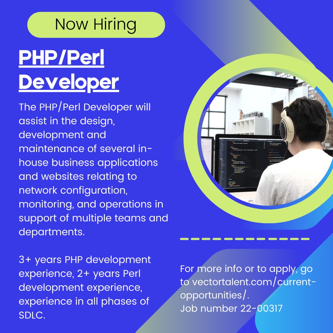 Vector_Talent's tweet image. Seeking a PHP/Perl Developer to design, develop and maintain several in-house business applications and websites. 3+ years PHP experience, 2+ years Perl experience, experience in SDLC. vectortalent.com/current-opport…. Job 22-00317 #php #webdeveloper #perldeveloper #sdlc #job