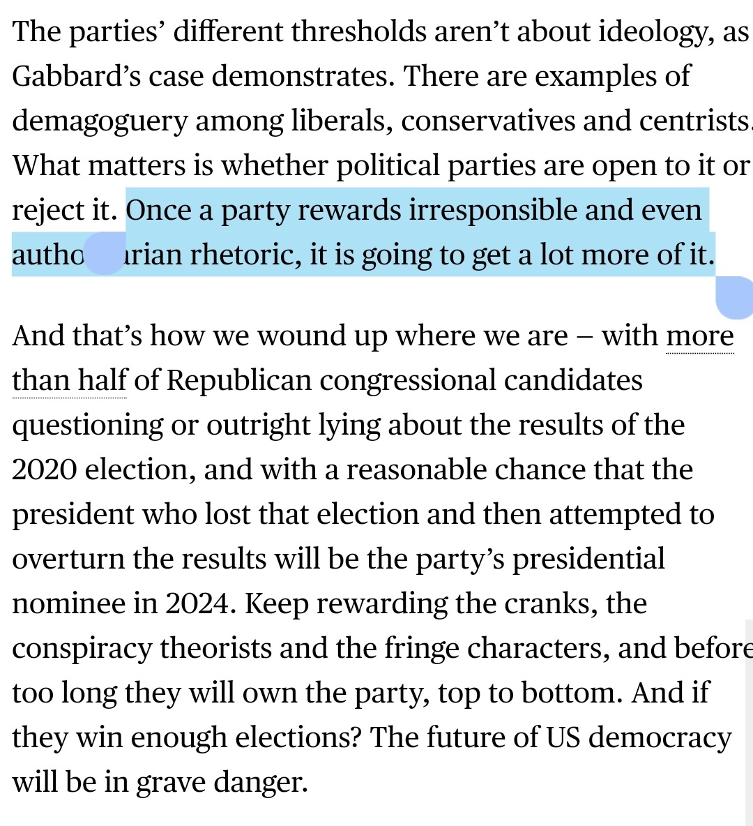 And here is the rest of the toxic social media feedback loop: extremist views are amplified and rewarded, which induces politicians to pander extremist views and sanction bad behavior. The result? Failing democracy.

bloomberg.com/opinion/articl… by <a href="/jbview/">Jonathan Bernstein</a>