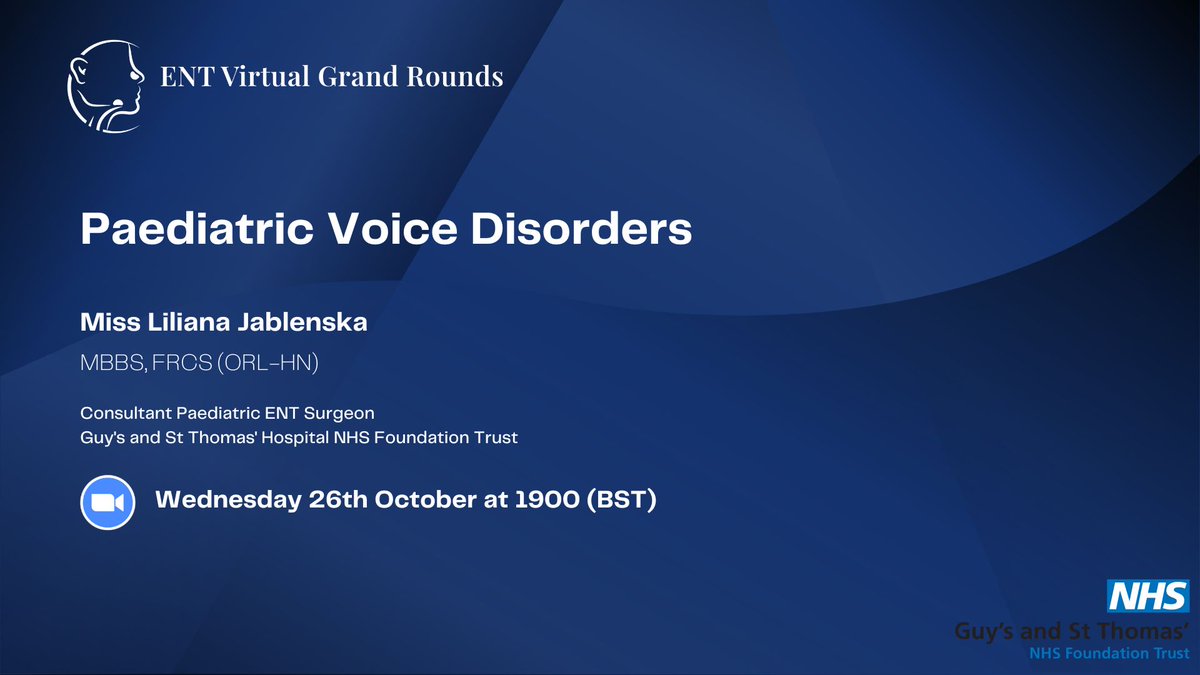 Join us for our next ENT Virtual Grand Round Miss Liliana Jablenska presents Paediatric Voice Disorders Wednesday 26th October 2022 at 1900 (BST) Sign Up Here: forms.gle/47RrRUdvrhovxg…