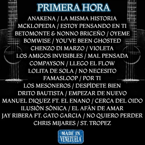 victormendez's tweet photo. Martes Hecho en Venezuela, en la primera hora sonarán:
@anakenamusica @Mcklopedia @BetoMonte @BomWiseMusic @chenzodimarzo @AmgsInvisibles @CompaySon @LolitaDeSola @famasloop @LOSMESONEROS @dritobautista @manueldiquez @IlusionSonica @jayribera @ChrisMijaresC 
#Hechoenvenezuela https://t.co/0azkDgqmT1