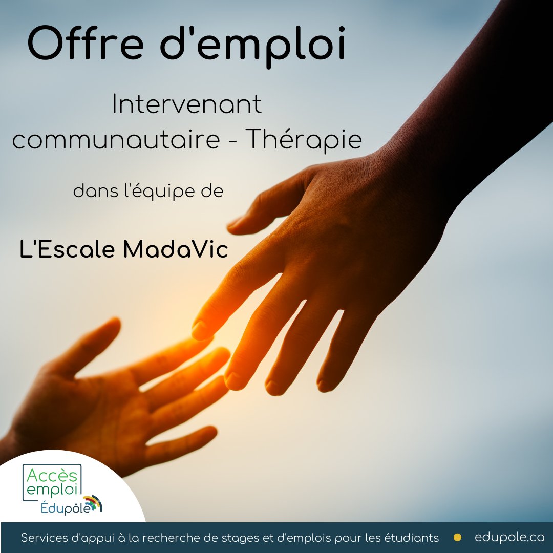 [Offre d'emploi]
Intervenant communautaire - Thérapie
Escale MadaVic, Edmundston
Pour info ou postuler: bit.ly/3TssRfy