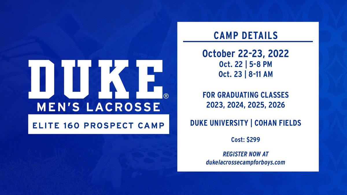 There's still time to register for this weekend's Elite 160 Prospect Camp‼️ Goalie and defenseman slots are sold out, but all other positions remain open. Register ➡️ dukelacrossecampforboys.com