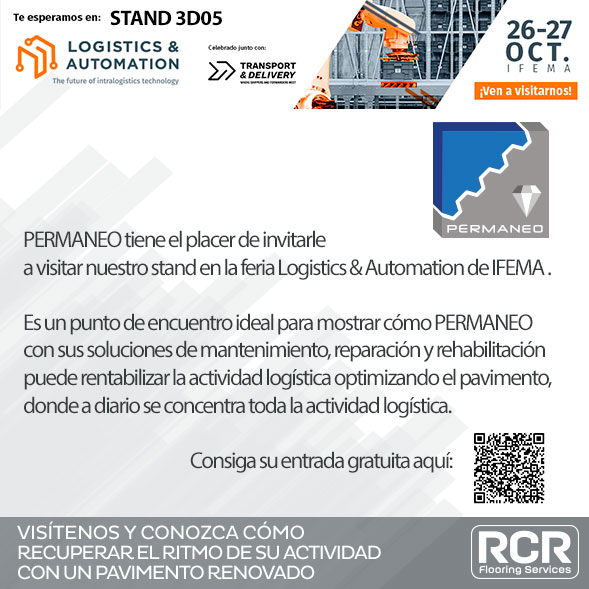 Os esperamos la semana próxima en <a href="/LogisticsSpain/">Logistics & Automation Spain</a> stand 3D05.
<a href="/PermaneoEs/">PermaneoES</a> trabajando por y para la logística.
<a href="/RCRIF/">RCR Ind. Flooring</a>