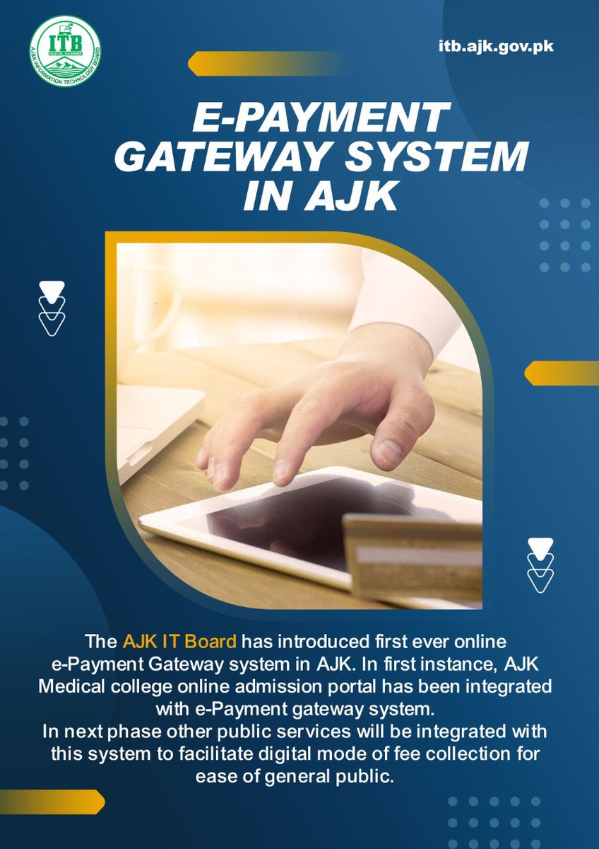 it_ajk's tweet photo. First ever integration is done for digital payments. Citizens for the first time In AJK will be able to pay fee for college applications from the comfort of their home, we hope to roll this out for various Goverment services where technically possible. https://t.co/wwGWOi8wtP