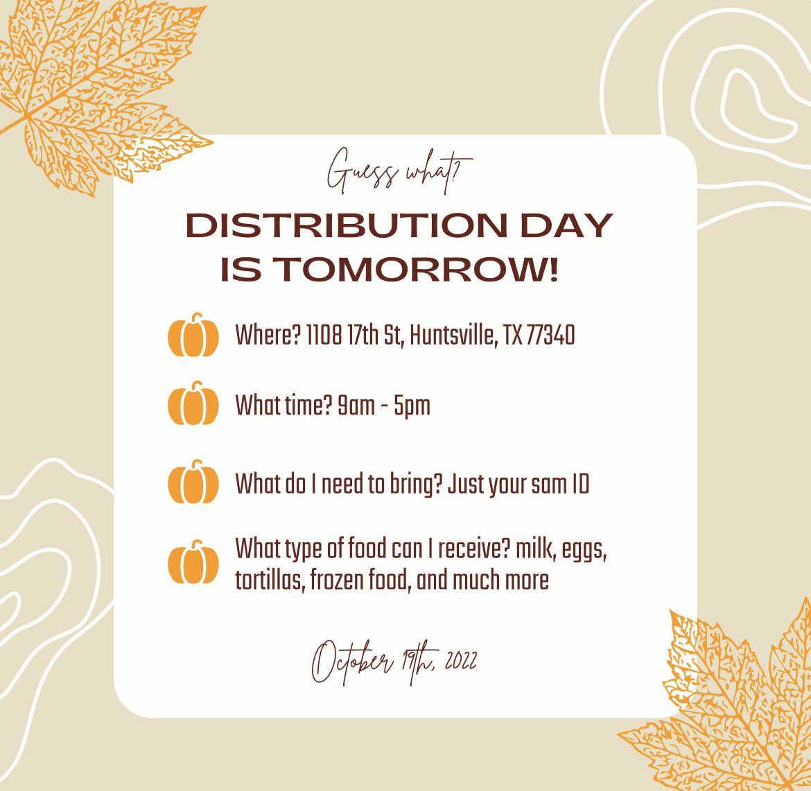 We’re having distribution tomorrow. Just bring your bearkat one card to receive some food! 
#SHSU26  #SHSU25  #SHSU24  #SHSU23 #SHSU22  #SHSU  #FoodPantry #EatEmUpKats