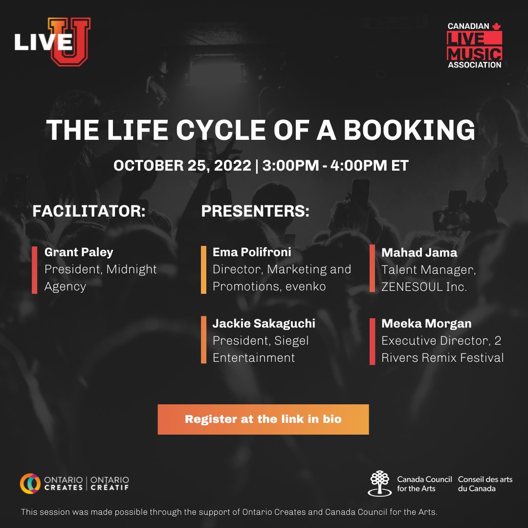 LIVE U 📣 Life Cycle of a Booking | Oct 25 @ 3pm ET

Join the CLMA for this free training session on the key elements involved in booking a concert. 

REGISTER: us02web.zoom.us/webinar/regist…
#ForTheLoveOfLIVE