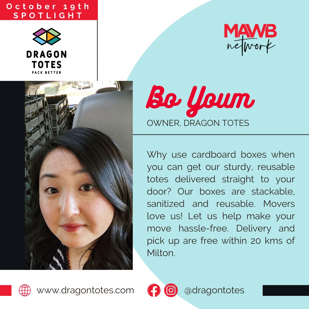 Have you met Bo Youm? She owns 3 businesses and home schools her children...superwoman, right?!!! 

Join us on Wednesday, October 19th and you can meet her and learn about one of her businesses.  Bo is one of our "Business Spotlights" which means she will have a table at ...