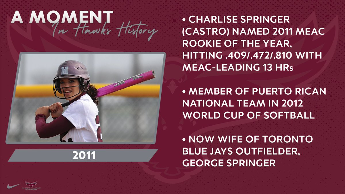 UMESHawksSB's tweet photo. Tuesday afternoon history time! Did you know that in 2011 Charlise Springer (Castro) was named MEAC Softball Rookie of the Year after hitting .409 with 13 home runs? She's now married to @bluejays outfielder George Springer! #HawkHistory https://t.co/qH8Q7CjDCs
